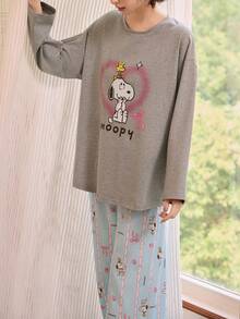 Gongdie 2pcs Snoopy Women's Pajama Set, Autumn/Winter Grey Pure Cotton Loungewear, Bow Print With Pockets - Grey - View 5