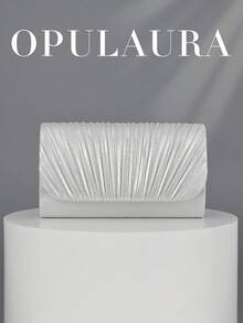 OpulAura Fashion 亮面翻蓋晚宴包 高級 PU 皮革派對手拿包 低調奢華閃亮晚宴包 禮服包 金屬感皮革女包 歐美風信封鏈條包 斜跨包 適合舞會、派對、雞尾酒會、生日派對禮服搭配，適合作為生日禮物、新娘手拿包 - 銀色 - 查看 1