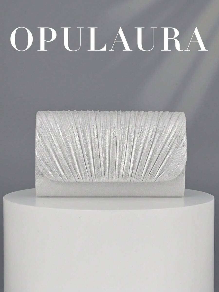 OpulAura Fashion 亮面翻蓋晚宴包 高級 PU 皮革派對手拿包 低調奢華閃亮晚宴包 禮服包 金屬感皮革女包 歐美風信封鏈條包 斜跨包 適合舞會、派對、雞尾酒會、生日派對禮服搭配,適合作為生日禮物、新娘手拿包 - 銀色 - 查看 1