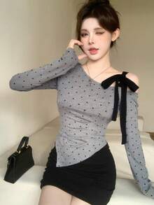 Women's Gray Polka Dot Asymmetrical Neckline Crop Top With Black Bow Decor, Random Patchwork - Grey - View 3
