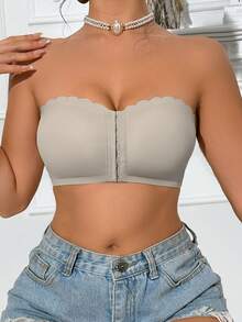 1pc Grey Front-Closure Scoop Neck Wireless Bra, Upgraded Wide Silicone Non-Slip Trim, Soft Comfortable Lining, Seamless Ladies Underwear - Grey - View 6