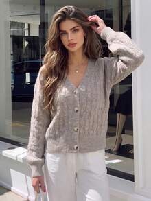 Women Autumn Cable Knit Cardigan V Neck Long Sleeve Button Down Fuzzy Sweater Coat Casual Festival Outfit - Grey - View 8