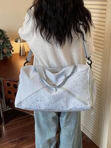 Women's Large Capacity Travel Luggage Bag With Starry Print Pattern, Multiple Exterior Pockets, Fabric Material, Detachable Adjustable Wide Strap, Multi-Compartment Storage With Multiple Zippers, Fresh Minimalist Style, Versatile Handheld Crossbody Sports Bag For Short Trips, Fitness, Outings, School, Commuting - View 6