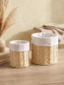 1pc Handwoven Paper Rope Storage Basket With Fabric Liner, Cylindrical Desktop Organizer Bin, Boho Farmhouse Home Decor For Vanity Makeup Brushes, Stationery, Kitchen Countertop, Bedroom Shelf Sundries Organizer - Multicolor - View 5