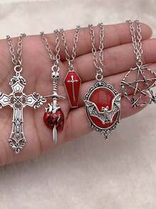 5pcs Vintage Gothic Style Bat Gemstone Cross Coffin Arrow Pierced Heart Red Heart Star Stainless Steel Necklace Set, Suitable For Daily Wear And Party, Halloween Accessory, Holiday Gift For Women Or Men - 5-piece Bat Cross Set - View 3