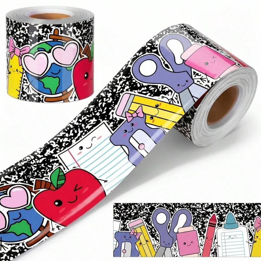 Cartoon Stationery Style Wall Decor Paper, Waterproof Self-Adhesive Blackboard Border Stickers For Classroom - A - View 1