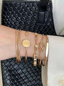 5pcs Gold European & American Vintage Minimalist Fashion Mixed High-End Open Stackable Multi-Layer Jewelry Bracelets Bangles Suitable For Women Daily Holiday Commute Wear - Gold - View 6