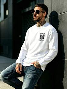 Men's Skull & English Slogan Print Pocket Long Sleeve T-Shirt, Streetwear Style, Long Sleeve Top - White - View 2