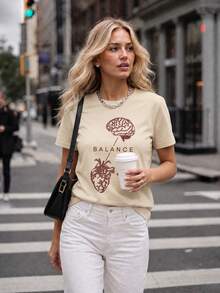 Women's Beige Minimalist T-Shirt With "Balance" Graphic Print, Casual Fit Suitable For Daily Casual Occasions Summer, Effortless Style - Apricot - View 2