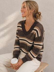 Plus Size V-Neck Gradient Striped Textured Knit Sweater, Drop Shoulder Loose Long Sleeve Pullover, Suitable For Autumn/Winter, Casual, Commute - Coffee Brown - View 3