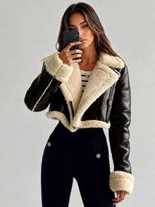 Apperloth A Women's Street Style Lapel Zipper Roll-Up Cuff Teddy Fleece Lined PU Leather Short Motorcycle Jacket Outerwear Autumn/Winter Halloween Outfit - 棕色 - 查看 1