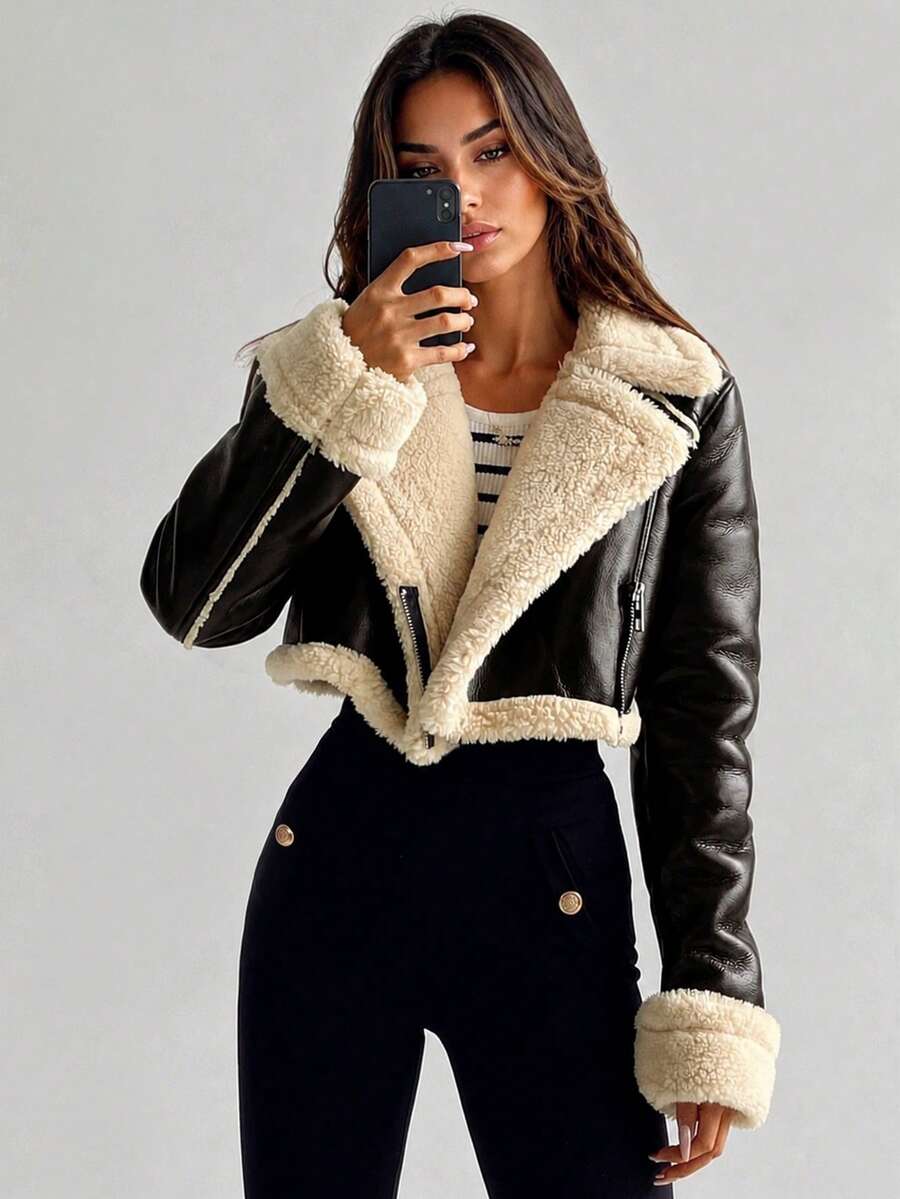 Apperloth A Women's Street Style Lapel Zipper Roll-Up Cuff Teddy Fleece Lined PU Leather Short Motorcycle Jacket Outerwear Autumn/Winter Halloween Outfit - 棕色 - 查看 1