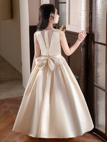 Champagne Color Long Dress For Teen Girl Birthday Party, Wedding Bridesmaid Dress With Big Bow - Champagne - View 2