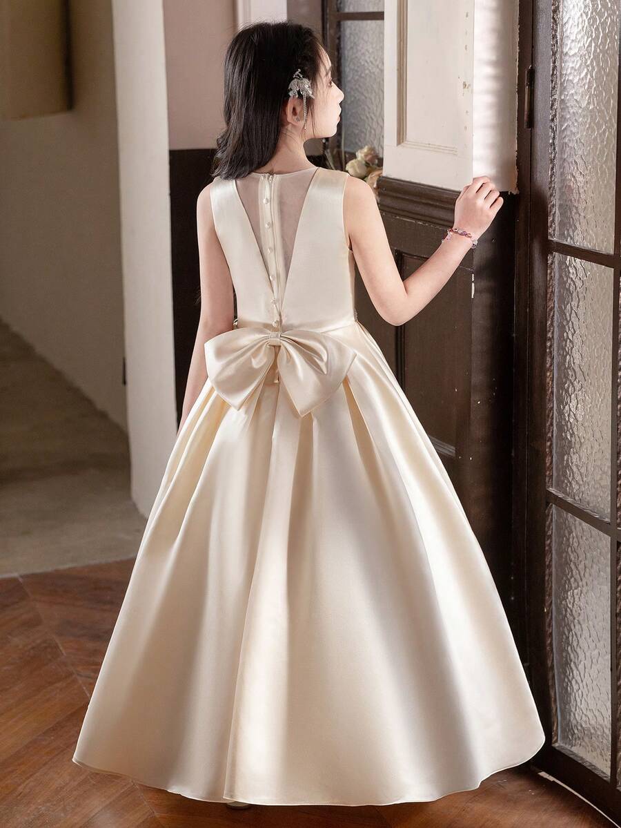 Champagne Color Long Dress For Teen Girl Birthday Party, Wedding Bridesmaid Dress With Big Bow