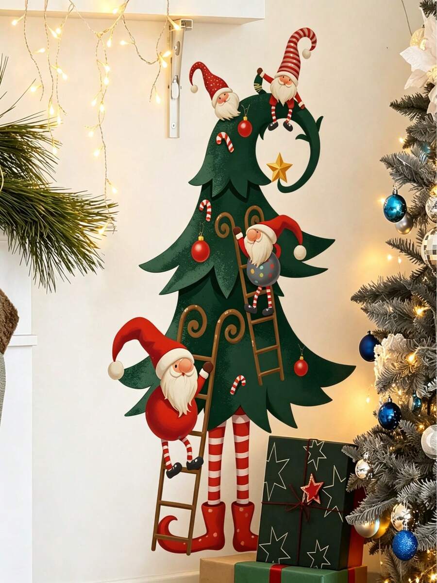 1pc Funny Santa Claus & Christmas Tree Wall Sticker, Removable Self-Adhesive Home Wall Decal, Suitable For Walls, Parties, Holiday Decoration - Multicolor - View 1