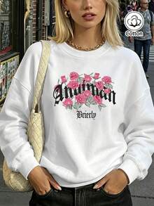 American Retro Street Style Pink Rose Floral Print Gothic Letter Graphic Drop Shoulder Long Sleeve Crew Neck Pullover - White - View 3