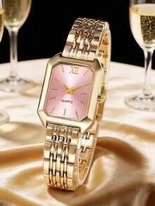 2Pcs Matching Vintage Square Quartz Watch Set For Girl & Kids Girls, Ins Style Gold Metal Band Roman Number Daily Wrist - Pink - View 11