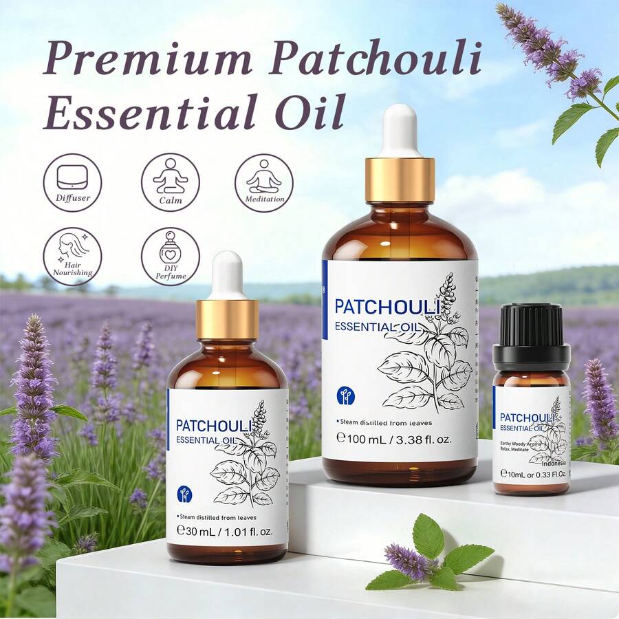 Minyak Esensial Patchouli HIQILI 100mL/30mL/10mL, Minyak Patchouli Murni untuk Menenangkan Kulit, Menutrisi Rambut, Diffuser, Humidifier, Lilin Aromaterapi Tahan Lama, Kerajinan Tangan DIY