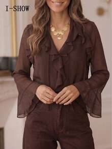 Blusa de mujer con cuello en V, volantes de gasa, color marrón, semitransparente, mangas acampanadas - Marrón - Ver 2