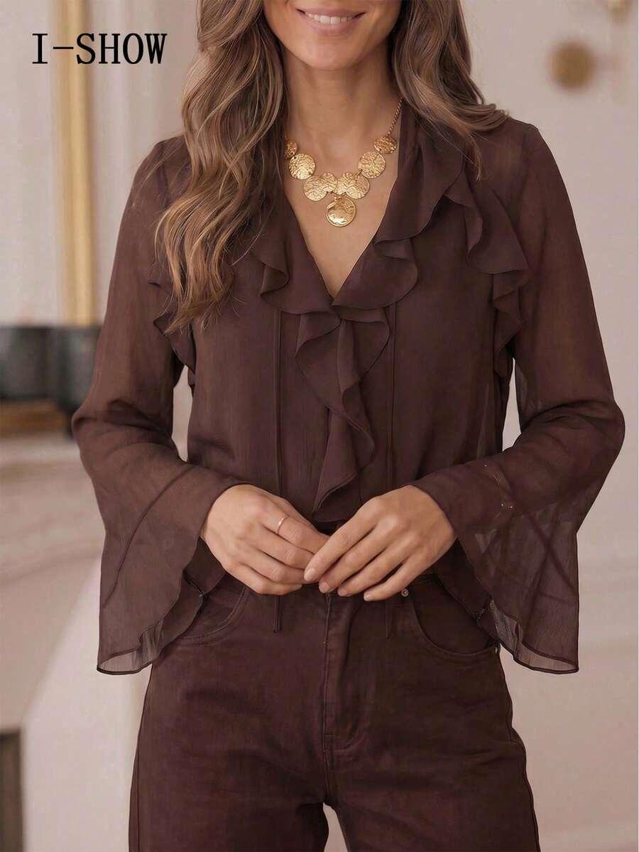 Blusa de mujer con cuello en V, volantes de gasa, color marrón, semitransparente, mangas acampanadas