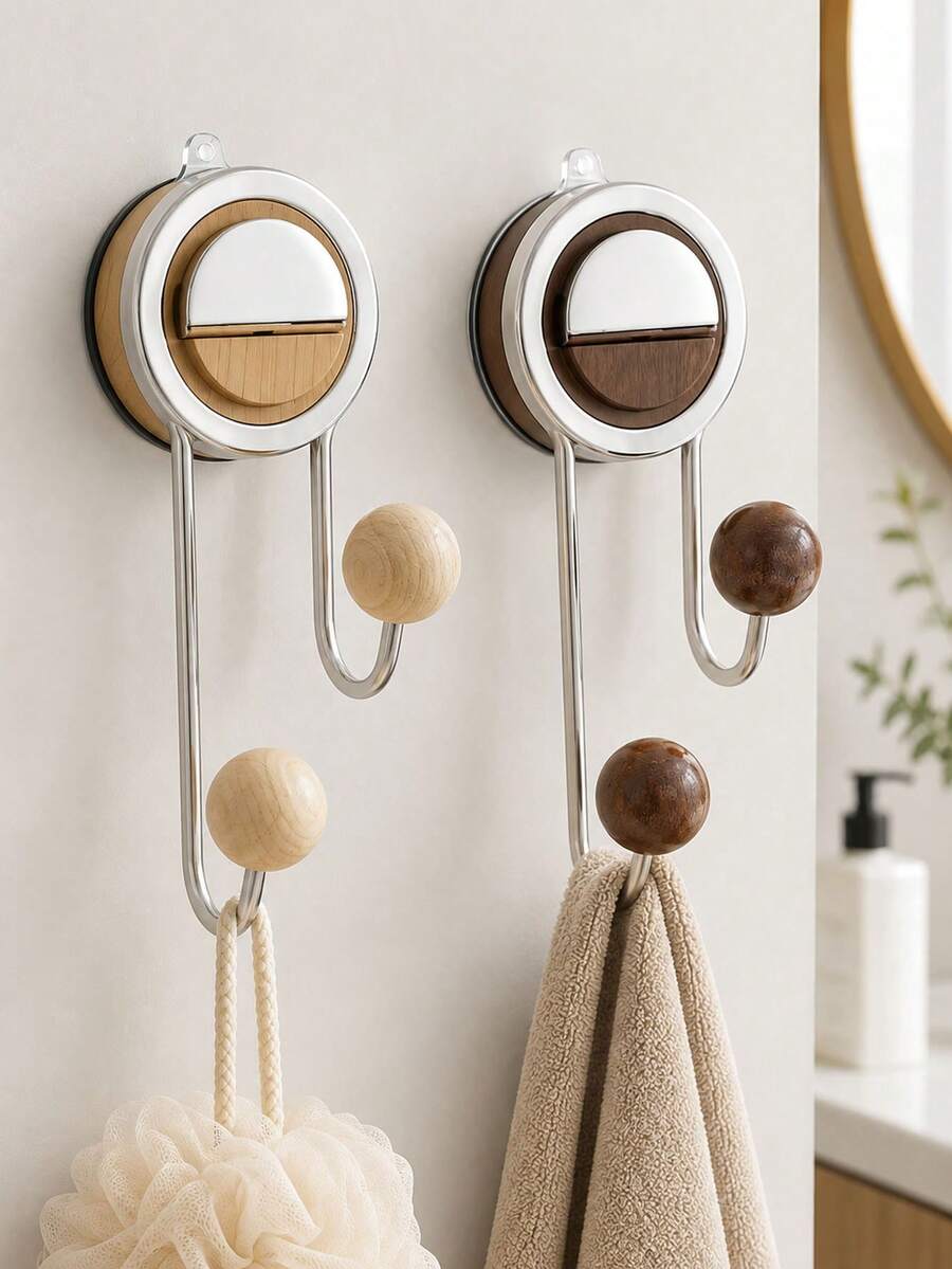 1pc Strong Suction Cup Wall Hook Double Hook Design Stainless Steel & Wood Bathroom Storage Rack Towel Bath Brush Accessory Organizer Kitchen Bedroom Living Room Home Decor Storage Solution - Multicolor - View 1