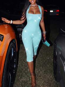 Spring Summer Autumn Sexy Halter Neck Rhinestone Backless Sleeveless Music Festival Party Vacation Date Daily Commute Women's Jumpsuit - Mint Blue - View 3