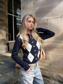 Women's College Style Argyle Pattern Short Fitted Cardigan, Long Sleeve Round Neck Navy Blue Knit Top, Wrinkle-Resistant Easy Care, Suitable For Autumn Casual Wear - Multicolor - View 2