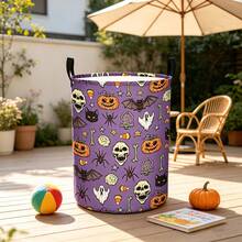 1PC Cartoon Halloween Printed Storage Basket With Handle, Featuring Pumpkin, Skull, Ghost, Bat, Spider, Tombstone, Candy, And Corn Patterns. Suitable For Storing Clothes And Miscellaneous Items, As Well As Halloween Home And Room Decoration. - Purple - View 5