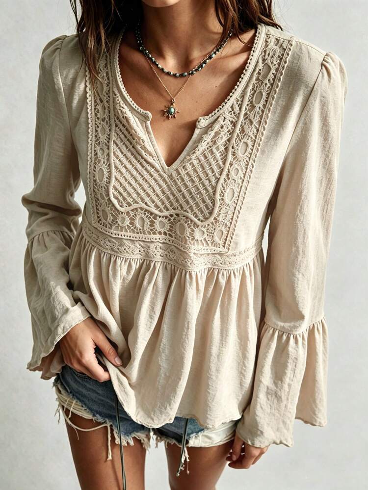 Rusttydustty Women's White Casual Vacation Bell Sleeve Top, Bohemian Style, Easter Beach Outfit, Hawaii, Coachella Music Festival, Tropical Vacation Style - Apricot - View 9