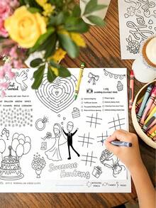 Juego de actividades con temática de boda interactivo, incluye felpudo de bienvenida y tarjetas para colorear, viene con rompecabezas, juegos de números y patrones de corazón & pastel; material de papel, apto para uso con crayones, ideal como recuerdos de boda o actividades de entretenimiento para invitados - Multicolor - Ver 7