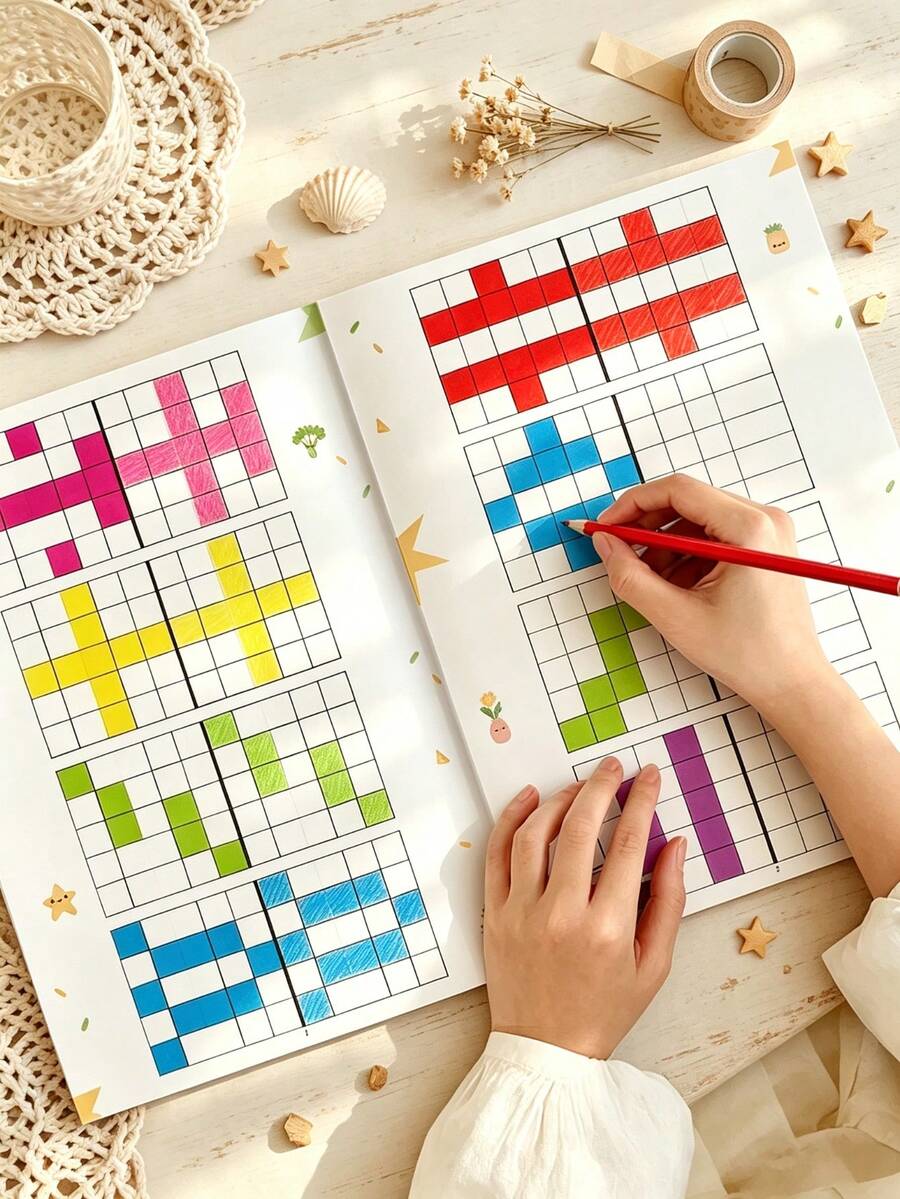 Symmetry Grid Copy Drawing Workbook,Left‑Right Mirror Image Coloring Book For Kids, Draw The Other Half, Preschool Educational Activity Book, 32 Pages, Ages 3+, Kids Art Practice Learning Toy Gift - Multicolor - View 1