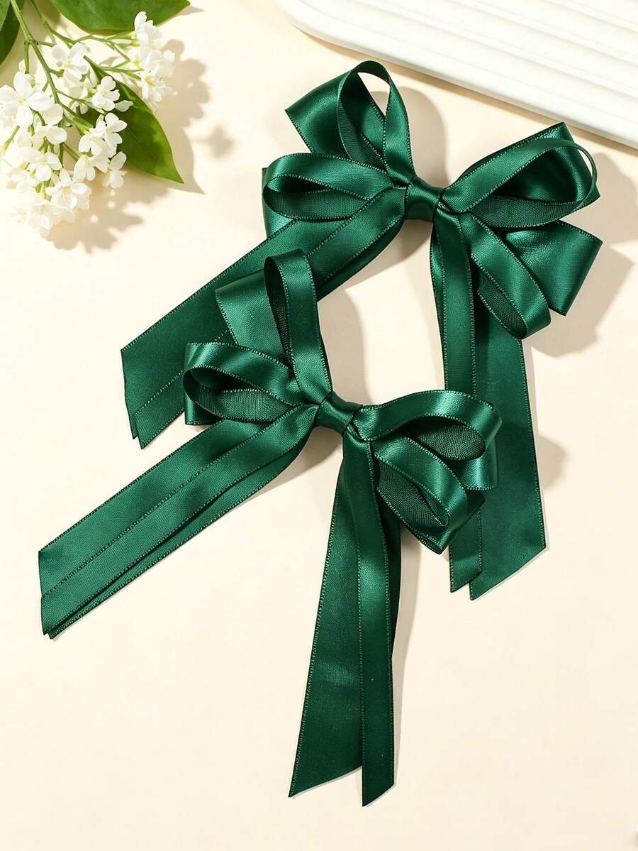 2pcs Green Ribbon Bow Hair Clips, Green Satin Ribbon Hair Accessories, Suitable For Daily Wear And Outings, Perfect Gift Choice - Green - View 1