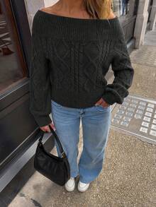 Women's Knitted Off-Shoulder Sweater, Long Raglan Sleeve Regular Length Pullover, Suitable For Autumn Wear - Grey - View 3