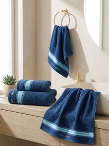 4pcs Navy Blue/White/Brown Striped 3D Waffle Embroidered 100% Pure Cotton Bath Towel And Hand Towel Set, Minimalist Soft Skin-Friendly High Absorbency Quick Drying, Suitable For Home/Hotel/Travel/Gym/Bathroom - Navy Blue - View 6