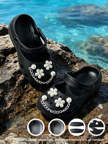 HAHABOBO Girls' Pearl Flower Mary Jane EVA Slippers, Fashionable Chain Decor, Versatile Breathable Summer Outdoor Sandals - Black - View 5