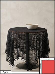 1pc Black Geometric Hollow Lace Tablecloth, French Vintage Style Lace Fabric Material, Round Tassel Edge And Exquisite Hollow Floral Pattern Detail Decoration, Beautification And Dust-Proof Function, Suitable For Daily Home And Vintage Dining Table Arrangement - Black - View 12