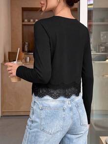 minisummer Women's Elegant Autumn Black V-Neck Long Sleeve Cropped Top, Eyelash Lace Hem Fitted Basic Blouse, Suitable For Casual Wear - Black - View 2