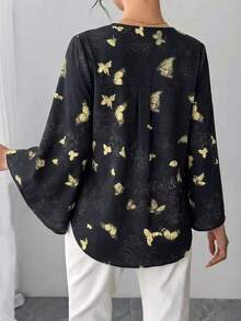 Spring/Autumn Women's Chinese Style Top, Black Cheongsam Round Neck Short Blouse, Frog Button Dark Pattern Butterfly Print Asymmetric Collar Long Flared Sleeve Elegant Tang Suit Shirt Hanfu Jacket - Black - View 4
