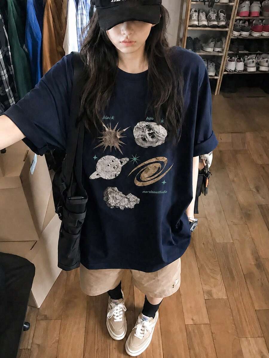 日系女式宽松休闲圆领卡通字母星空印花短袖T恤，春夏度假款 - 深藍 - 查看 1