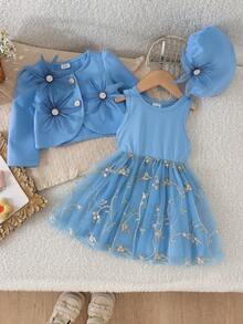 2pcs Baby Girl Cute Mori Style 3D Flower Short Jacket & Dress Set With Beret Hat, Elegant Princess Style - Blue - View 2