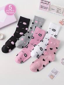 1/5/2 Pairs Women's Random Cartoon Cat Heart Letter Solid Color Fashion Mid-Calf Socks, Soft Comfortable All-Season Versatile Preppy Style Suitable For Daily Wear And Outings - Multicolor - View 8