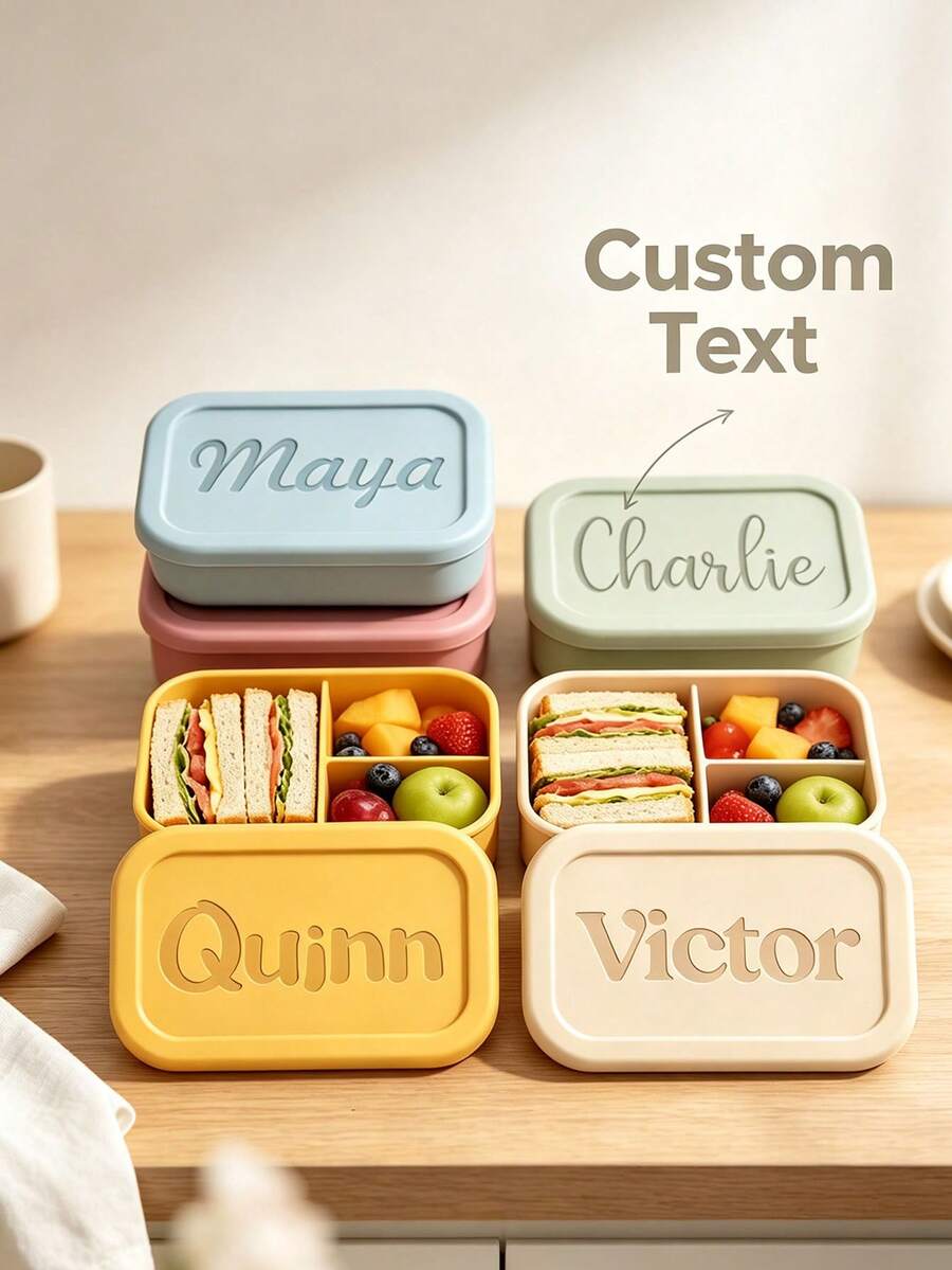 1pc Customizable Flip Lid Bento Box, Supports Artistic Text Customization, Large Area Customization, Portable, Waterproof, Leakproof, Suitable For Outdoor, Travel, School, Office, Includes Sauce Cup And Utensils, Four-Sided Lock Design - Multicolor - View 1
