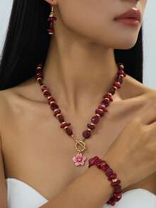 4pcs Colorful Jade Bohemian Style Beaded Necklace Bracelet Earrings Set, Vintage Romantic Geometric 3D Exquisite Women's Jewelry Set, Fashion Vintage Accessory Gift - Purple - View 14