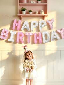 13pcs 16 Inch Fabric Happy Birthday Letter Balloon Set, Suitable For Birthday Party, Baby Shower, Theme Party, Princess Theme Party Decoration - Multicolor - View 3
