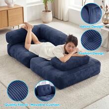 L-Shaped Corduroy Folding Sofa Bed, Multi-Functional Convertible Lazy Sofa For Small Spaces - Navy Blue - View 3