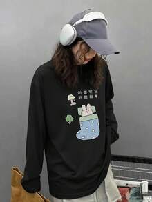女款時尚秋冬寬鬆百搭圓領可愛卡通兔子印花長袖T恤，適合季節性穿搭 - 黑色 - 查看 2