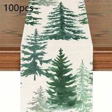 1/2 Set Of Linen Table Runne, Beige Background, Green Christmas Tree Design. Durable Indoor And Outdoor Holiday Table Flags, Suitable For Kitchen, Restaurant, And Christmas Party Decoration, Holiday Themes, And Home Decor. - Multicolor - View 12