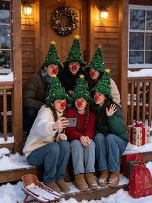 10pcs Creative Christmas Tree Hat & Red Nose Set, Gold Sequin Christmas Tree Hat Set (Includes Christmas Hat And Clown Nose), Suitable For Christmas Decoration, Holiday Costume, Tree Topper Hat, Party Decor, Christmas Gift, Christmas Stocking Filler, Photo Props - Multiple Styles - View 2
