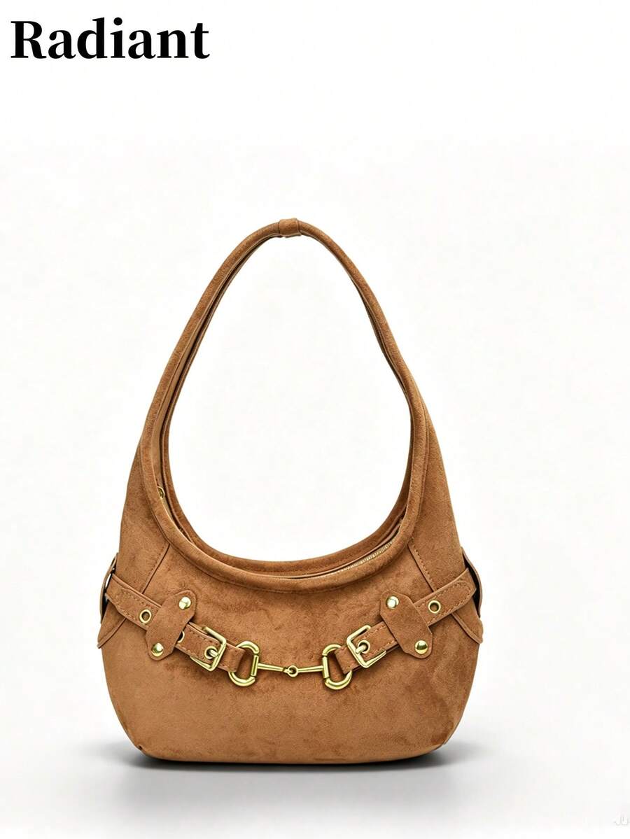 Women's Solid Color Material One Shoulder Crossbody Bag, Gold Horse Bit Buckle Detail, Zipper Closure, Casual Retro Style, Suitable For All Seasons, Perfect For Commuting And Dating