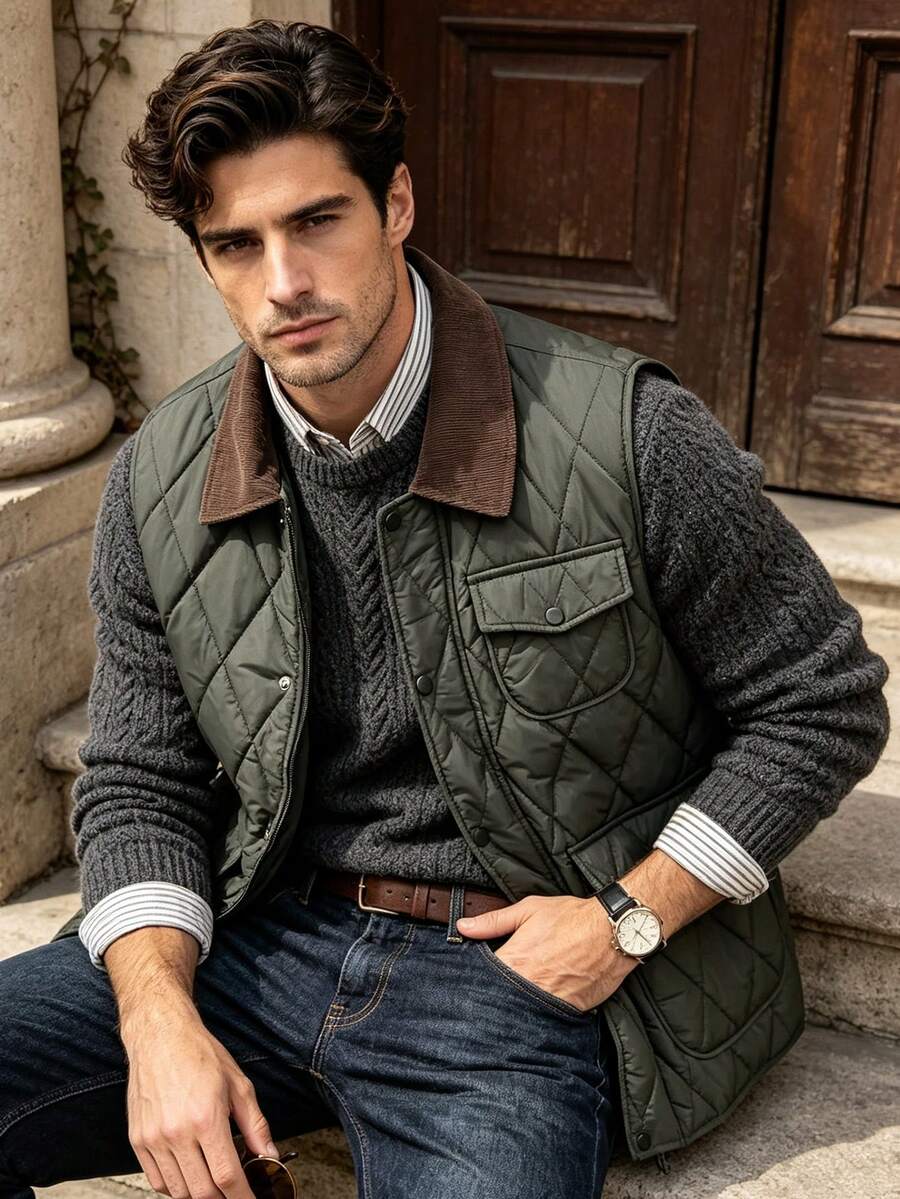 Men's Sleeveless Collared Color-Blocked Vest For Autumn And Winter, Suitable For Daily Commutes And Vacations. - Green - View 1
